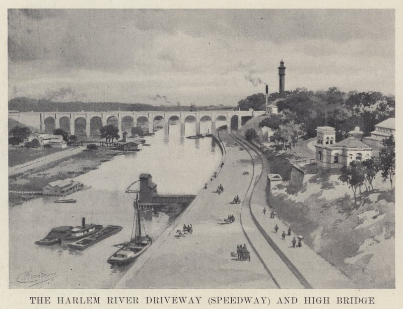 Příjezdová cesta Harlem River (Speedway) a High Bridge (černobílá fotografie) od American School