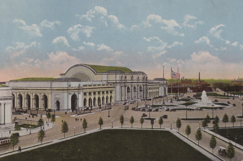 Nádraží Union Station, Washington DC (barevná litografie) od American School