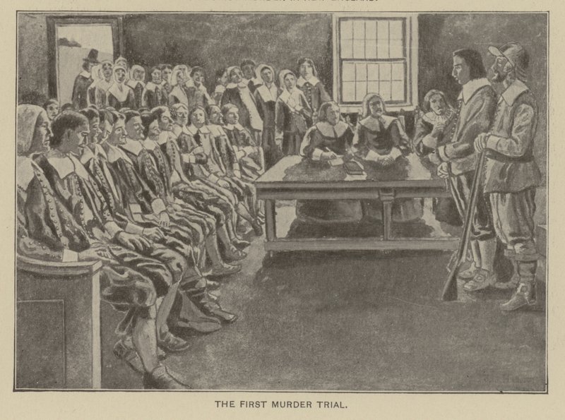 První soudní proces s vrahem v Nové Anglii (litografie) od American School