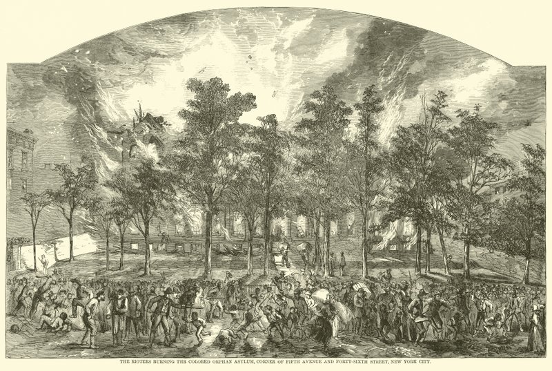 Výtržníci zapálili Barevný sirotčí azyl, roh Páté Avenue a Čtyřicáté šesté ulice, New York City, červenec 1863 od American School