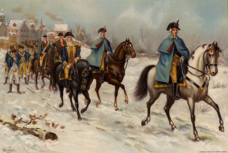 Americká armáda, vrchní velitel, štábní důstojník, plukovník a vojín 1. kontinentální pěchoty z Rhode Islandu od American School