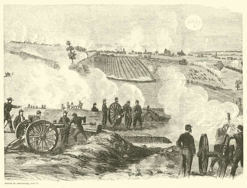 Pozice unie blízko centra, bitva u Gettysburgu, 2. července, červenec 1863 od American School