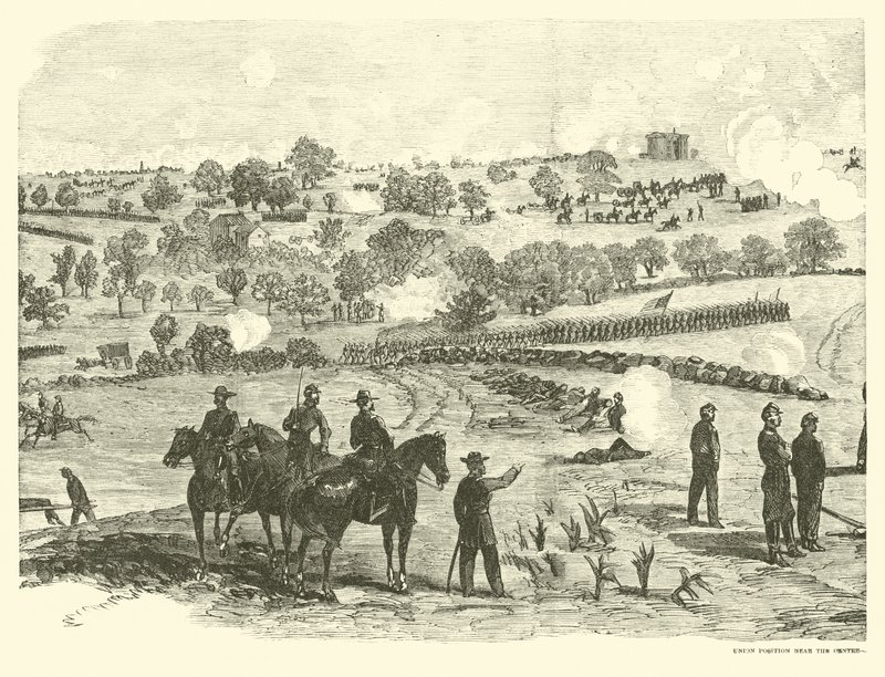 Pozice unie blízko centra, bitva u Gettysburgu, 2. července, červenec 1863 od American School