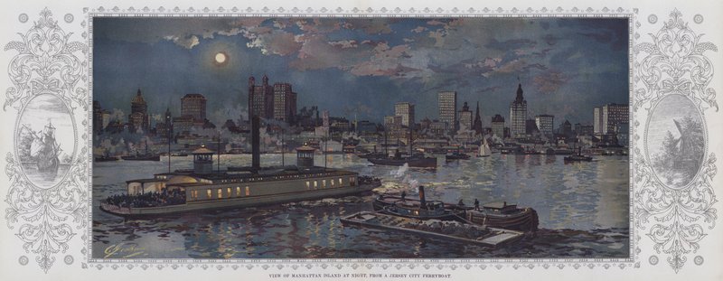 Pohled na ostrov Manhattan v noci z trajektu v Jersey City (barevná litografie) od American School