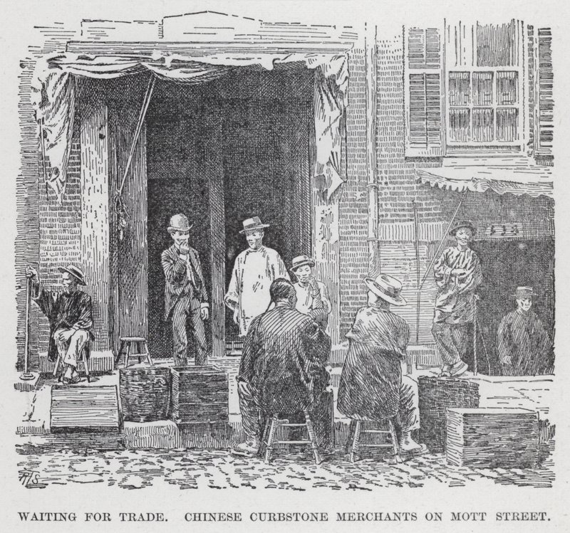 Čekání na obchod, čínští obchodníci s obrubníky na Mott Street (litho) od American School