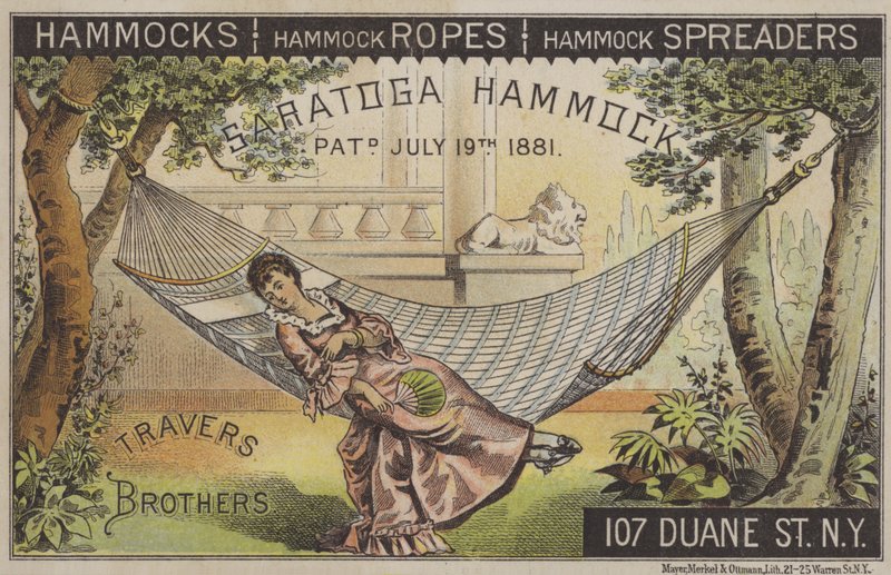 Žena ležící v houpací síti s čínským ventilátorem (chromolitho) od American School