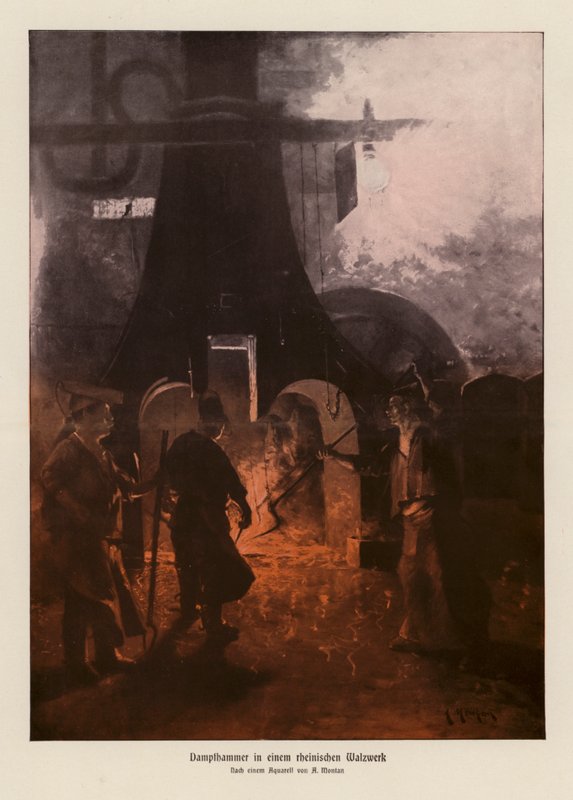 Parní kladivo v německé válcovně (barevná litografie) od Anders Montan
