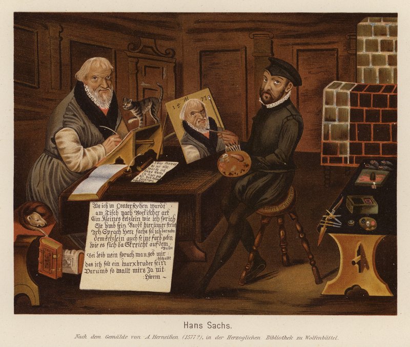 Hans Sachs, německý zpěvák, básník a dramatik (barevná litografie) od Andreas Herneisen