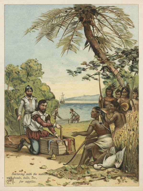 Kolumbův výměnný obchod s domorodými Američany o zásoby (chromolitho) od Andrew Melrose