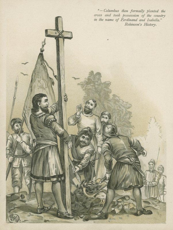 Kolumbus si nárokuje Nový svět pro Španělsko (chromolitho) od Andrew Melrose
