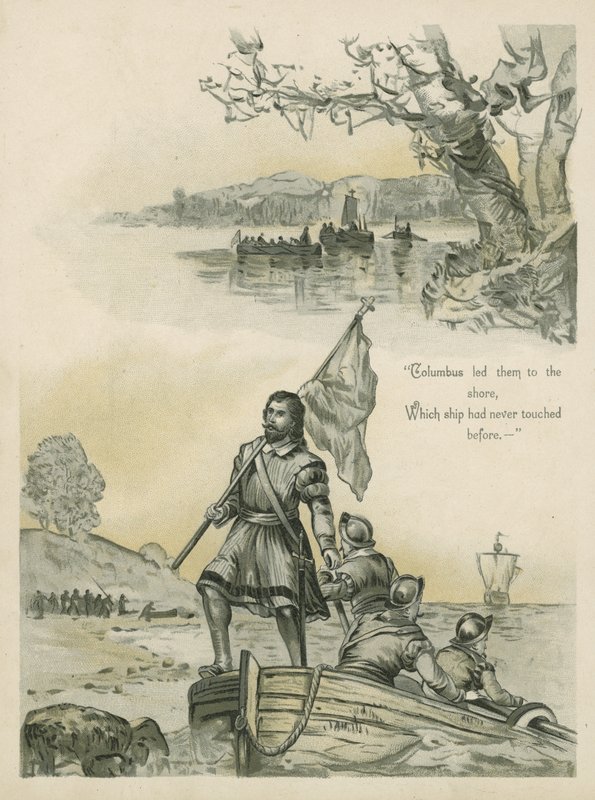 Kolumbus připlouvající na břeh v Novém světě (chromolitho) od Andrew Melrose