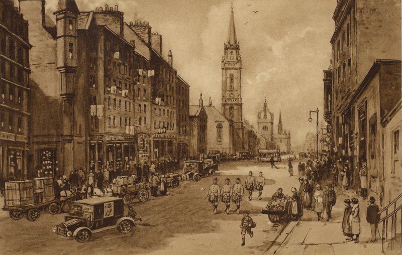 Edinburgh: High Street, při pohledu na Tron Church a St Giles Cathedral (litho) od Andrew Allan