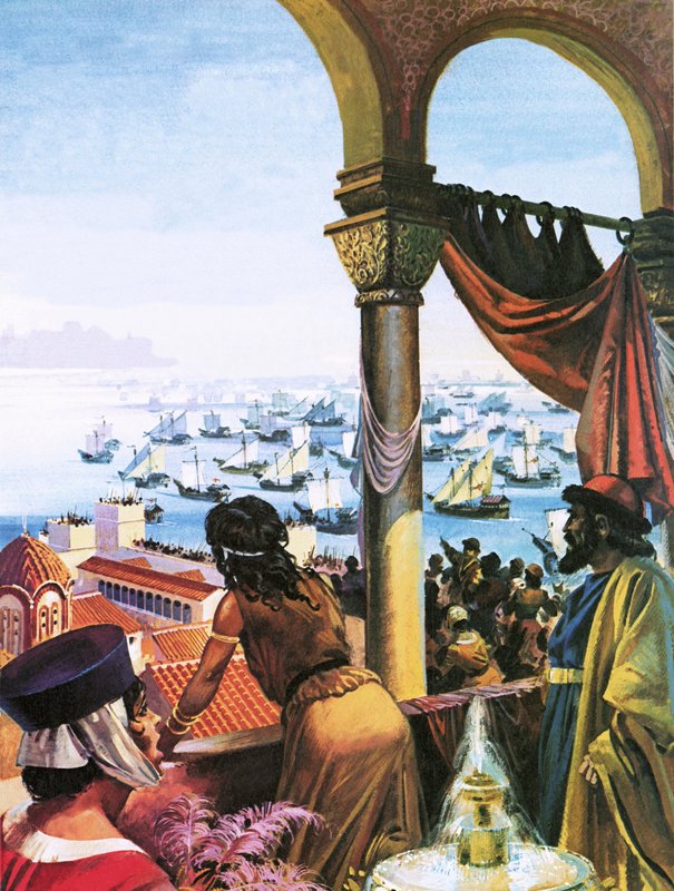 Flotila čtvrté křížové výpravy připlouvající do Konstantinopole v roce 1203 od Andrew Howat