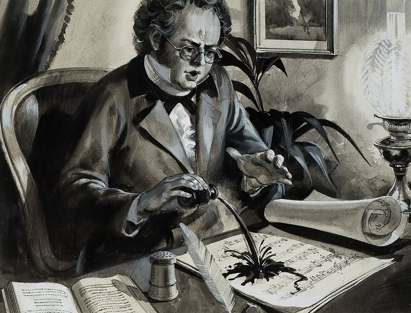 Portrét Franze Schuberta (kvaš na papíře) od Andrew Howat