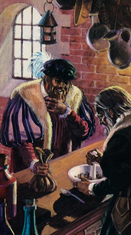 Nákup práškového rohu jednorožce ve středověku (barevná litografie) od Andrew Howat
