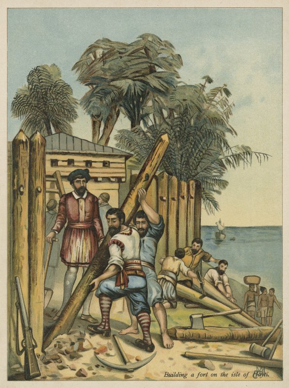 Kolumbus staví pevnost na Haiti (chromolitho) od Andrew Melrose