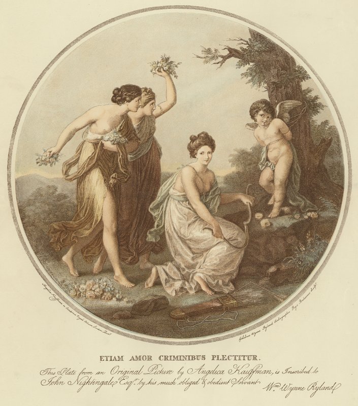 Dvě nymfy se vysmívají amorovi, který je přivázaný ke stromu (barva litho) od Angelica (after) Kauffmann