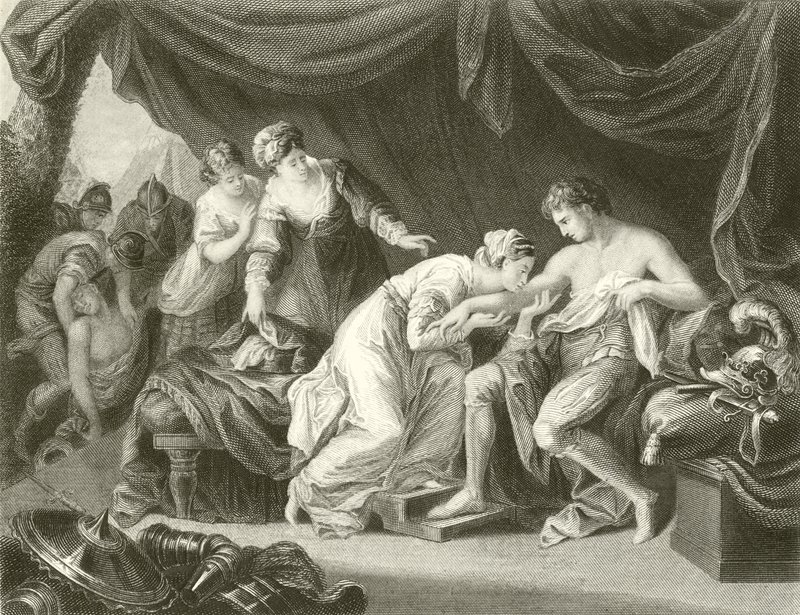 Jed vysál z rány prince Edwarda jeho choť Eleanor od Angelica Kauffmann