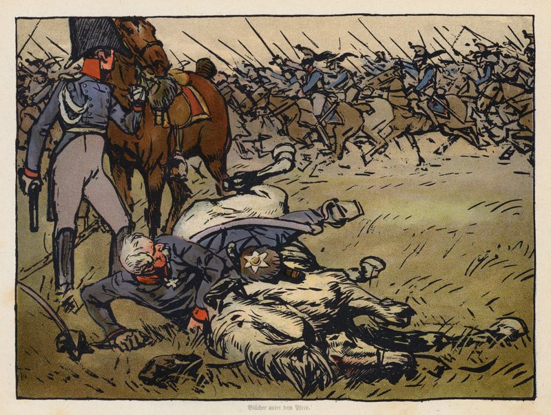 Polní maršál Blucher uvězněný pod svým mrtvým koněm v bitvě u Ligny (chromolit) od Angelo Jank