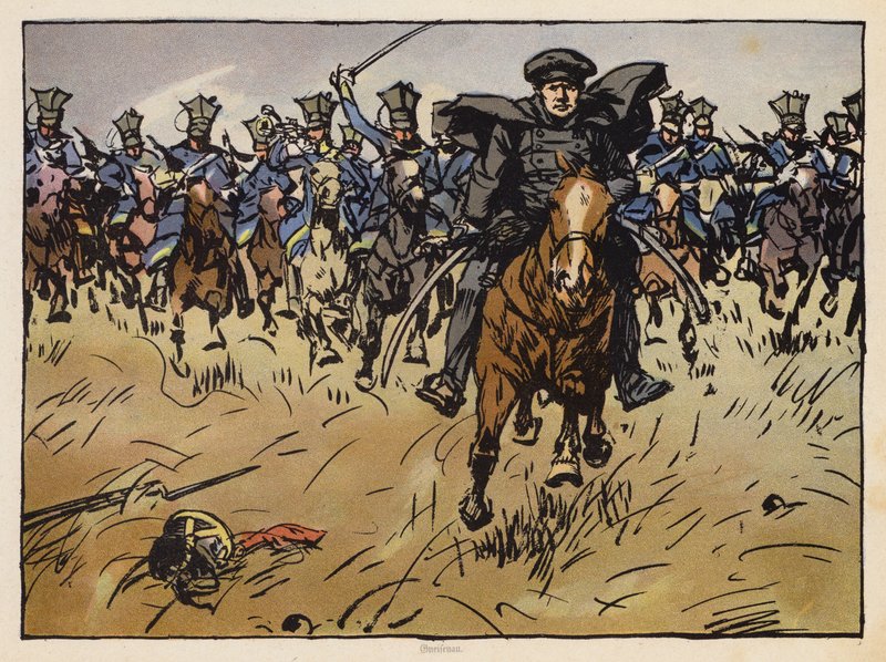 Pruský polní maršál Gneisenau v čele jezdeckého útoku (chromolit) od Angelo Jank