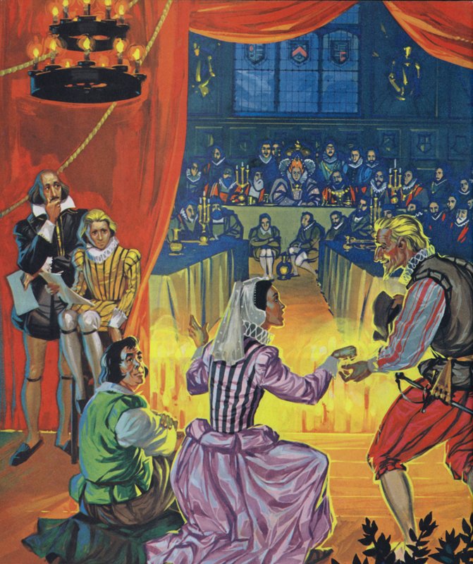 Představení Dvanácté noci před královnou Alžbětou I., Shakespeare poslouchá za oponou (barevná litografie) od Angus McBride