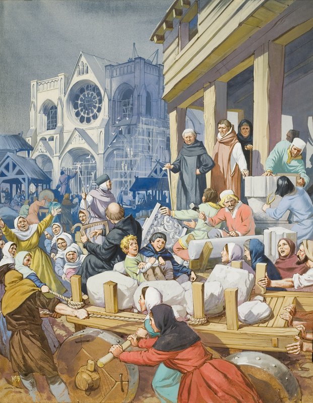 Opat Suger (asi 1081-1151) a stavba opatství St Denis (kvaš na papíře) od Angus McBride
