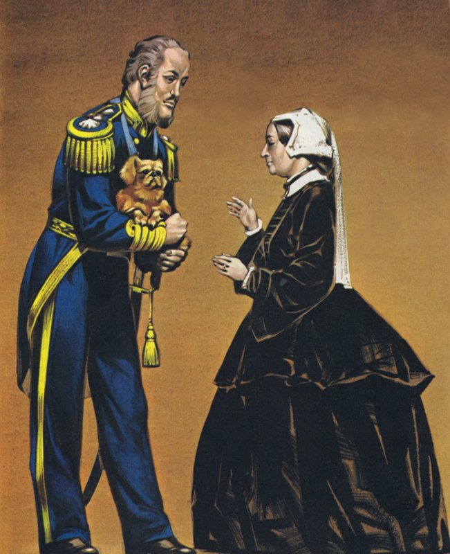 Admirál lord Hay s prvním pekingským psem přivezeným do Anglie (barevná litografie) od Angus McBride