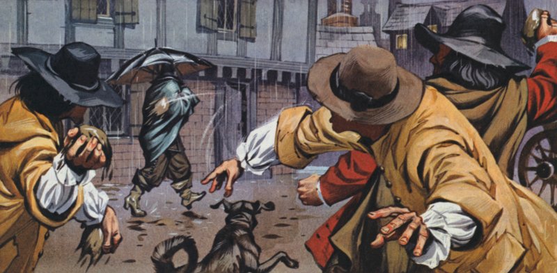 Rozzlobení kočí házeli zeminu na muže s deštníky (barevná litografie) od Angus McBride