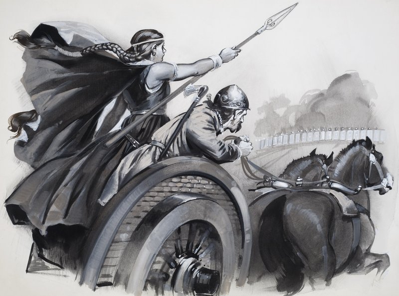 Boadicea rozdmýchávající zuřivost Britů proti jejich římským vládcům (kvaš na papíře) od Angus McBride