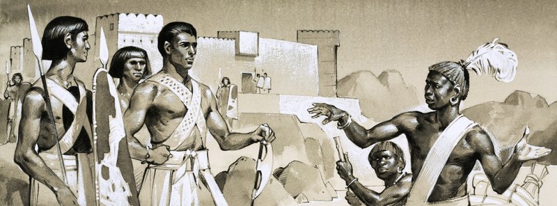 Hyksósové, faraon Kamose instruuje speciálně vycvičené černošské válečníky o bojové taktice. od Angus McBride