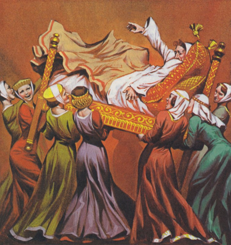 Dvorní dámy ztěžkly králi Eduardovi I. na lůžku (barevná litografie) od Angus McBride