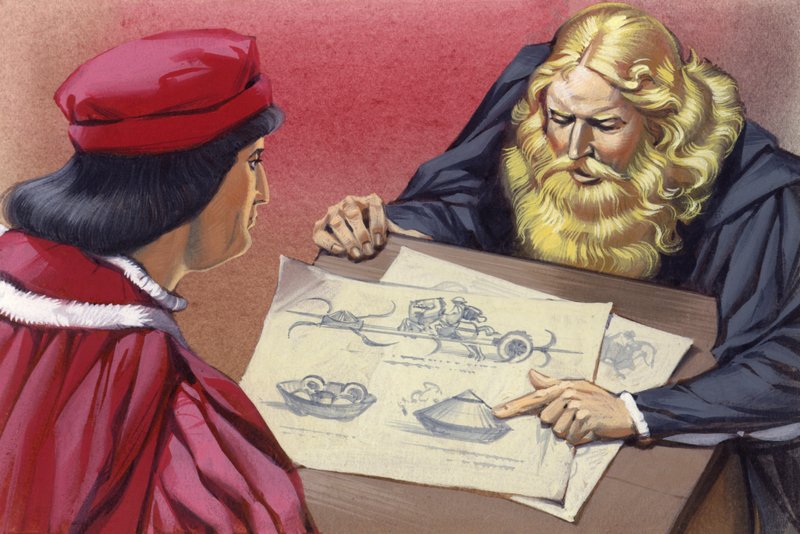 Leonardo da Vinci vysvětluje Ludovicu Sforzovi možné válečné motory (kvaš na papíře) od Angus McBride