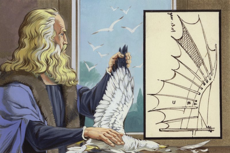 Leonardo da Vinci studuje ptáky, aby zjistil, jak může člověk létat (kvaš na papíře) od Angus McBride