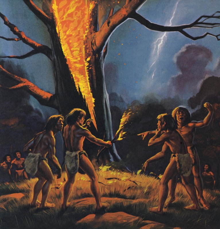 Pravěký člověk a oheň (barevná litografie) od Angus McBride