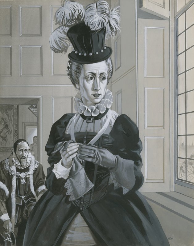 Královna Alžběta I. při zprávě o popravě Marie, královny Skotské (kvaš na papíře) od Angus McBride