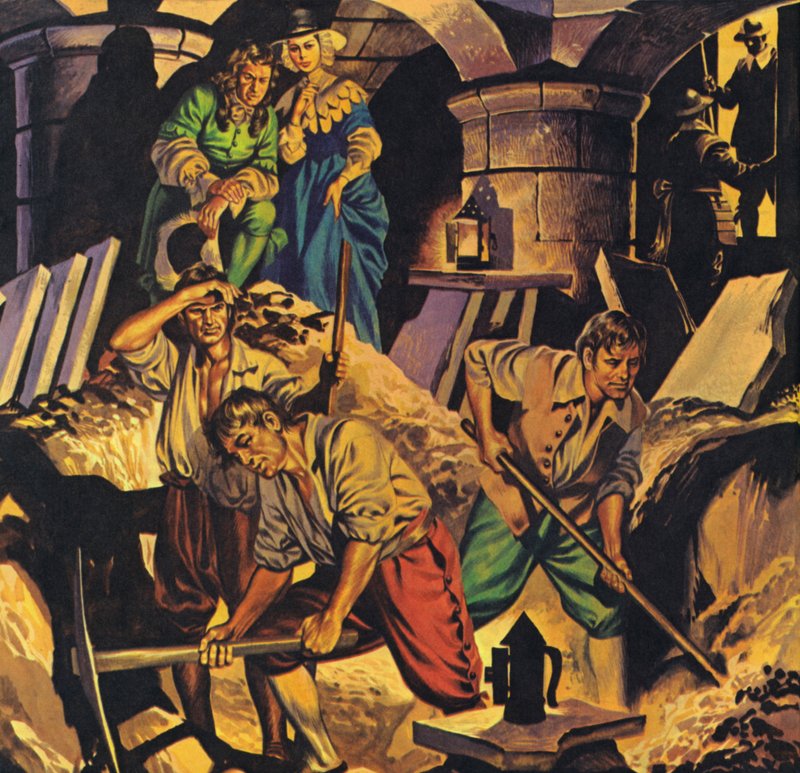 Samuel Pepys hledá pokladnici s penězi údajně ukrytou v londýnském Toweru (barevná litografie) od Angus McBride