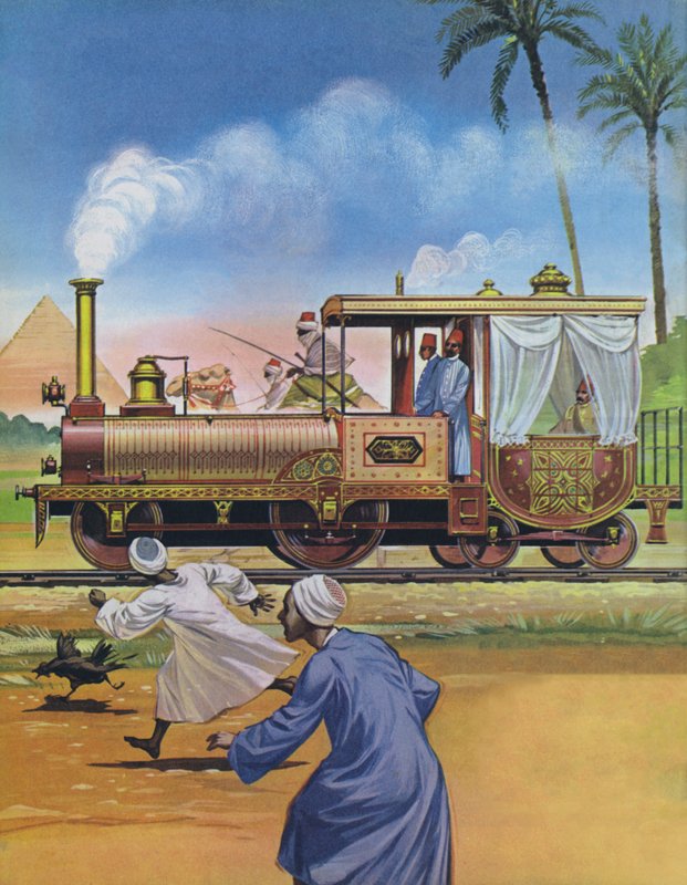 Egyptský chediv si v roce 1862 nechal v Anglii postavit motor a kočár (barevná litografie) od Angus McBride