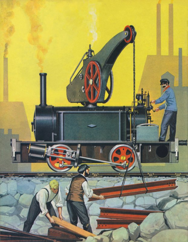 Jeřábový motor, postavený v Glasgow v roce 1868, jeden z prvních svého druhu (barevná litografie) od Angus McBride