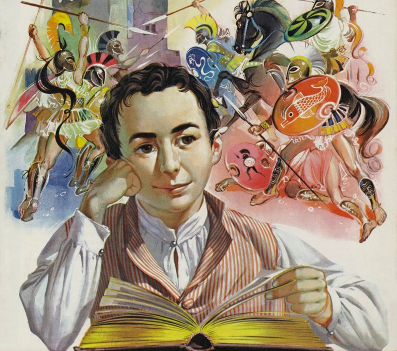 Mladý Heinrich Schliemann sní o zmizelé Tróji (barevná litografie) od Angus McBride