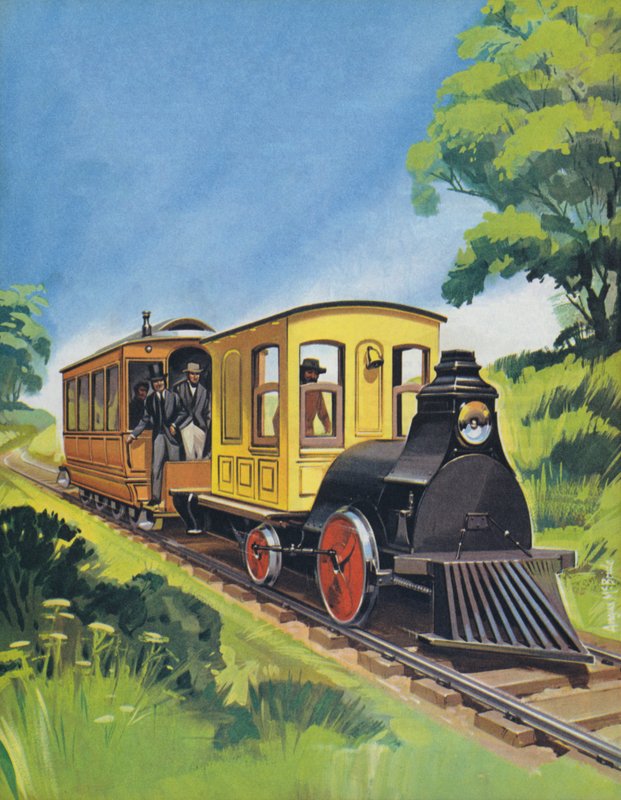 Elektrický vlak Thomase Edisonse z roku 1882 (barevná litografie) od Angus McBride