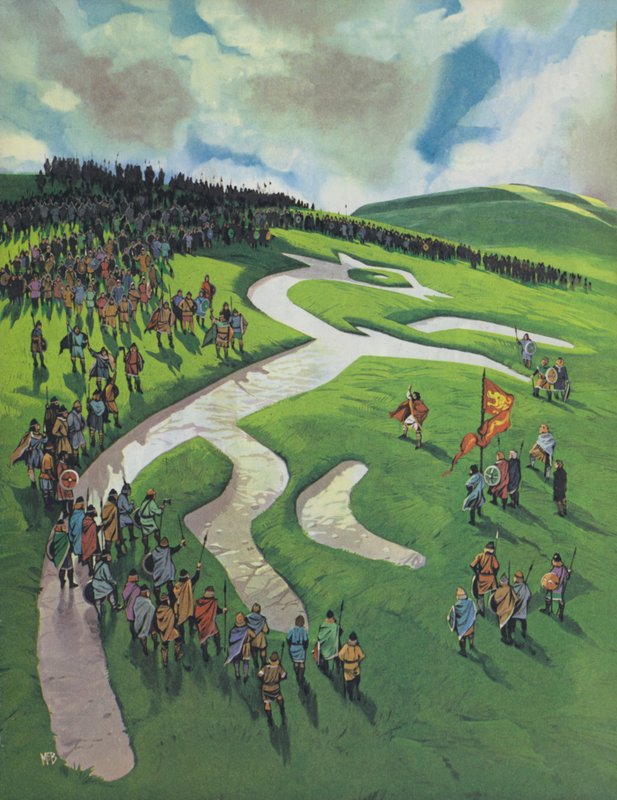 Bílý kůň v Uffingtonu, postavený Alfrédem Velikým po bitvě u Ashdownu proti Dánům (barevná litografie) od Angus McBride
