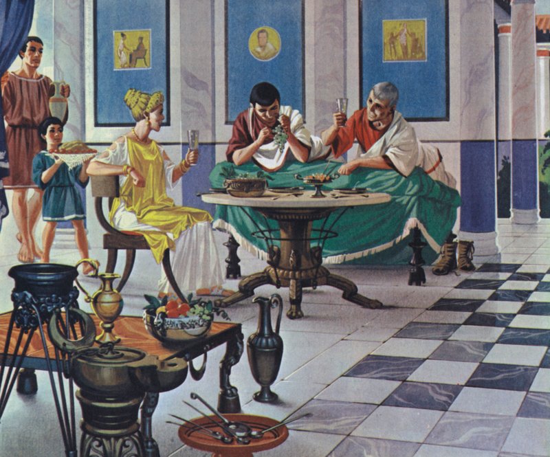 Zámožná římská rodina při jídle (barevná litografie) od Angus McBride