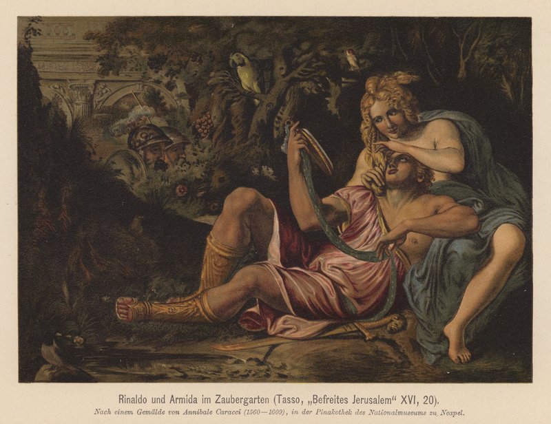 Scéna z Gerusalemme liberata, Torquato Tasso (barevná litografie) od Annibale (after) Carracci