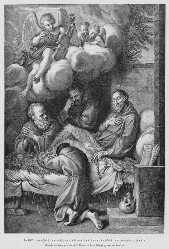 Svatý František z Assisi, trpící nemocí, je uzdraven zvukem nebeského nástroje (litho) od Annibale (after) Carracci