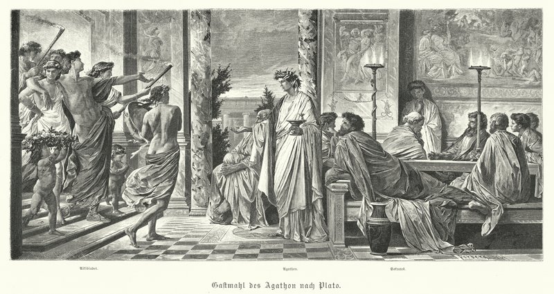 Banket Agathona a Platóna, starověké Řecko (rytina) od Anselm Feuerbach