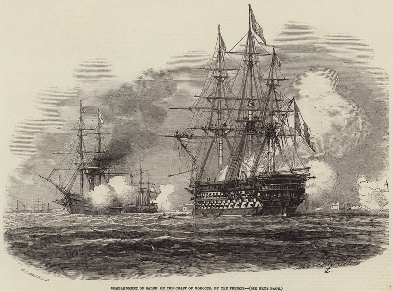 Bombardování Salee na pobřeží Maroka Francouzi od Antoine Leon Morel Fatio