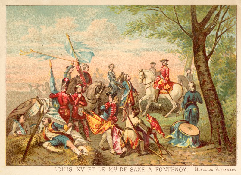 Louis XV Francie a maršál de Saxe v bitvě u Fontenoy, 1745 (chromolitho) od Antoine Charles Horace Vernet