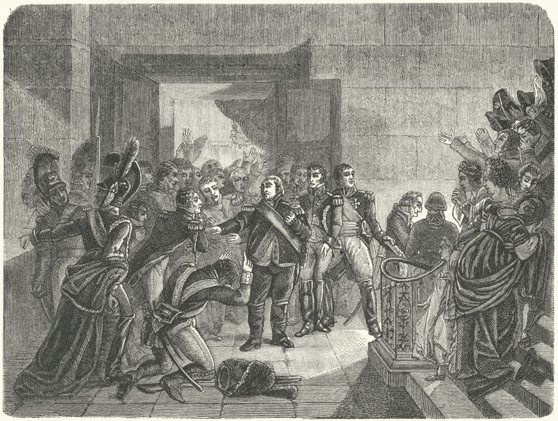 Ludvík XVIII opouštějící palác Tuileries poté, co se dozvěděl o Napoleonově návratu do Francie z Elby od Antoine Jean (after) Gros