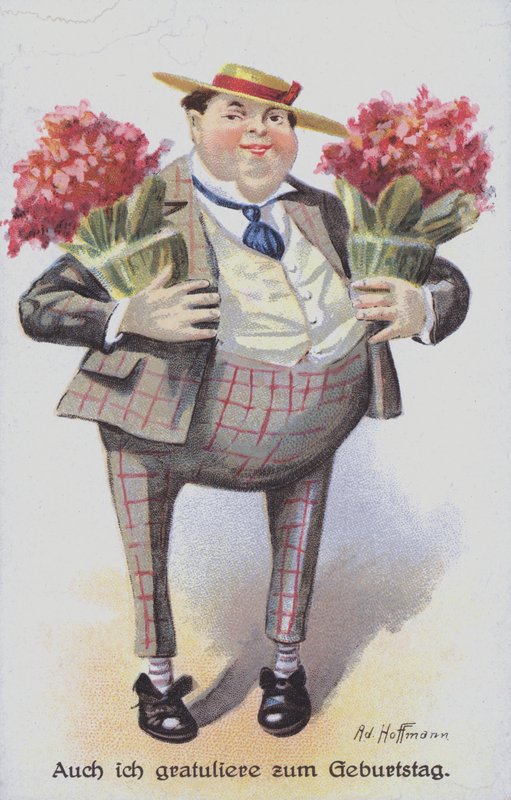 Přání k narozeninám zobrazující muže nesoucího kytice (chromolitho) od Anton Hoffmann