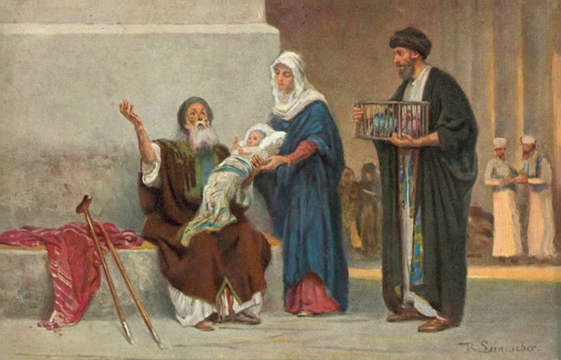 Marie a Josef představují Ježíška Simeonovi (barevná litografie) od Anton Robert Leinweber